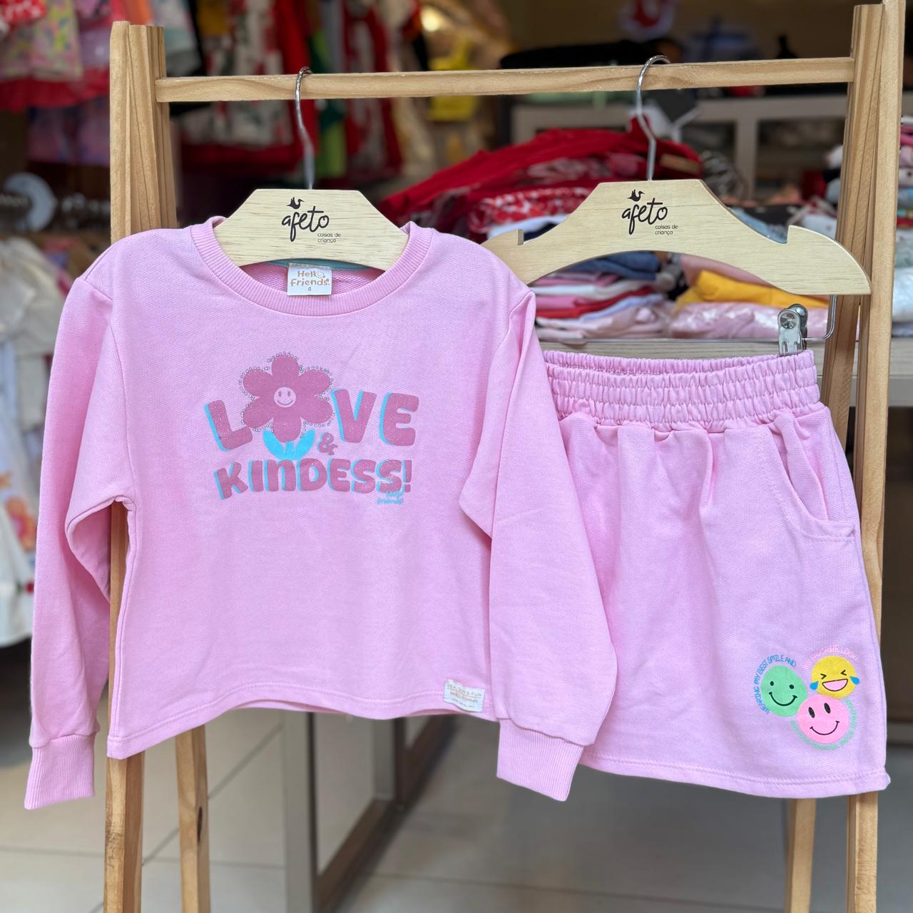 Conjunto Manga Longa Saia menina Faixa Hello Friends