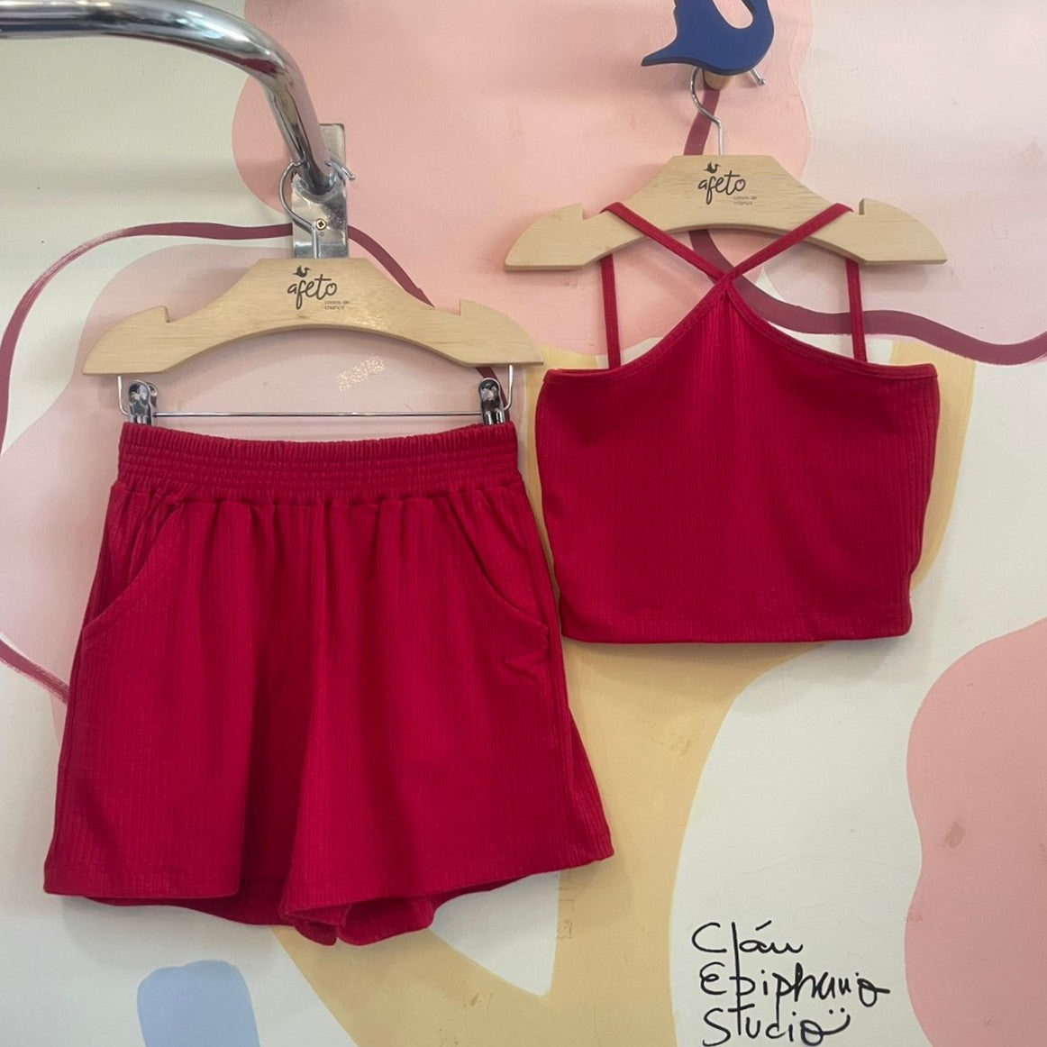 Conjunto Regata Shorts menina Canelado Vermelho