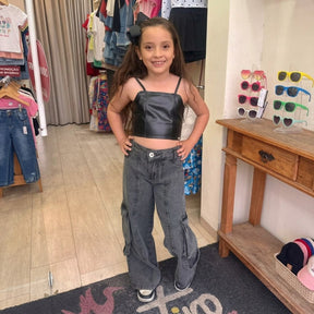 Calça Cargo Bolsos c/ Botao Wid Leg Infantil Menina Jeans Preto Estonado