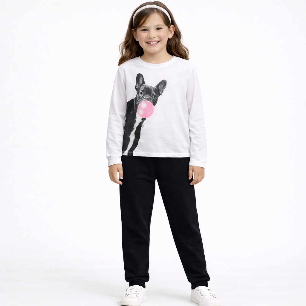 Conjunto Infantil Feminino Manga Longa Legging Menina Cachorro Chiclete Branco Preto