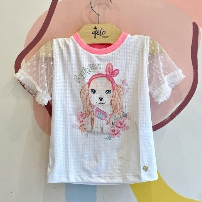 Blusa Manga Curta Kaiani Infantil menina Cachorrinha Manga Tule