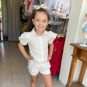 Camisa Manga Curta Yoyo Infantil Fem Linho Manga Bufante Off