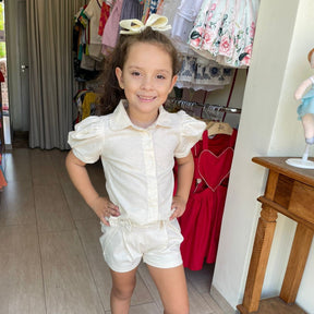 Camisa Manga Curta Yoyo Infantil Fem Linho Manga Bufante Off