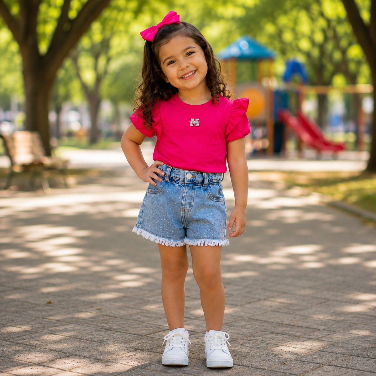 Conjunto Infantil Menina Manga Curta Babado Ombro e Shorts Jeans Strass Momi