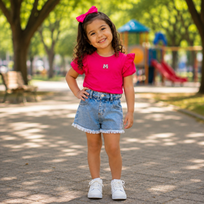 Conjunto Infantil Menina Manga Curta Babado Ombro e Shorts Jeans Strass Momi