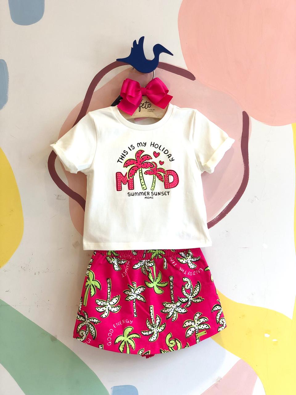 Conjunto Manga Curta Shorts Saia Menina Momi Branco Pink