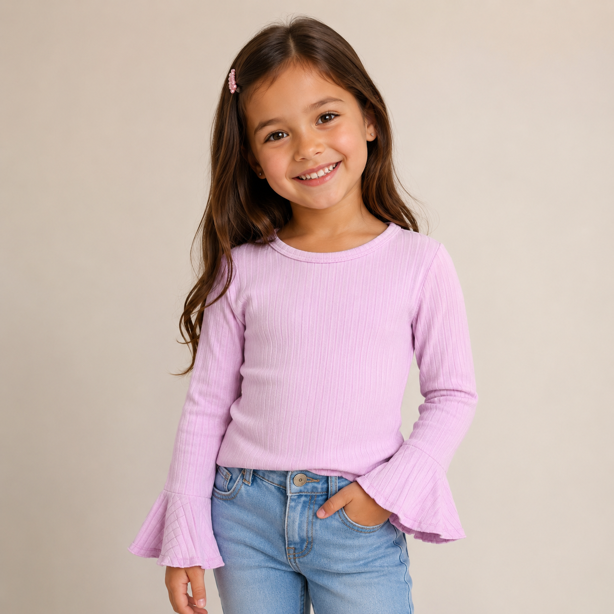 Blusa Feminina Infantil Canelada Menina Manga Longa Boca de Sino Rosa Nina