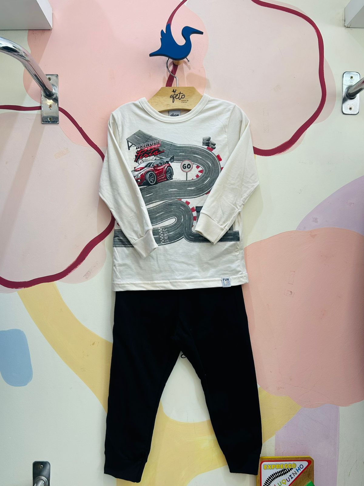 Conjunto Infantil Masculino Manga Longa Calça Moletinho Menino Pista de Carro Off Preto