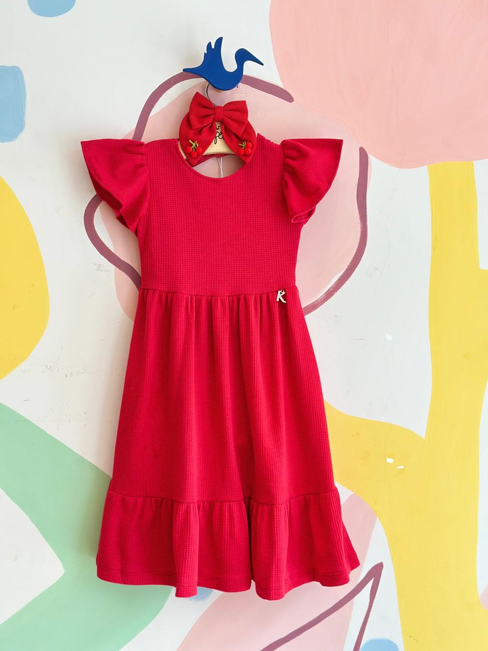 Vestido Manga Curta Kiki Xodo Menina Liso Babado Vermelho