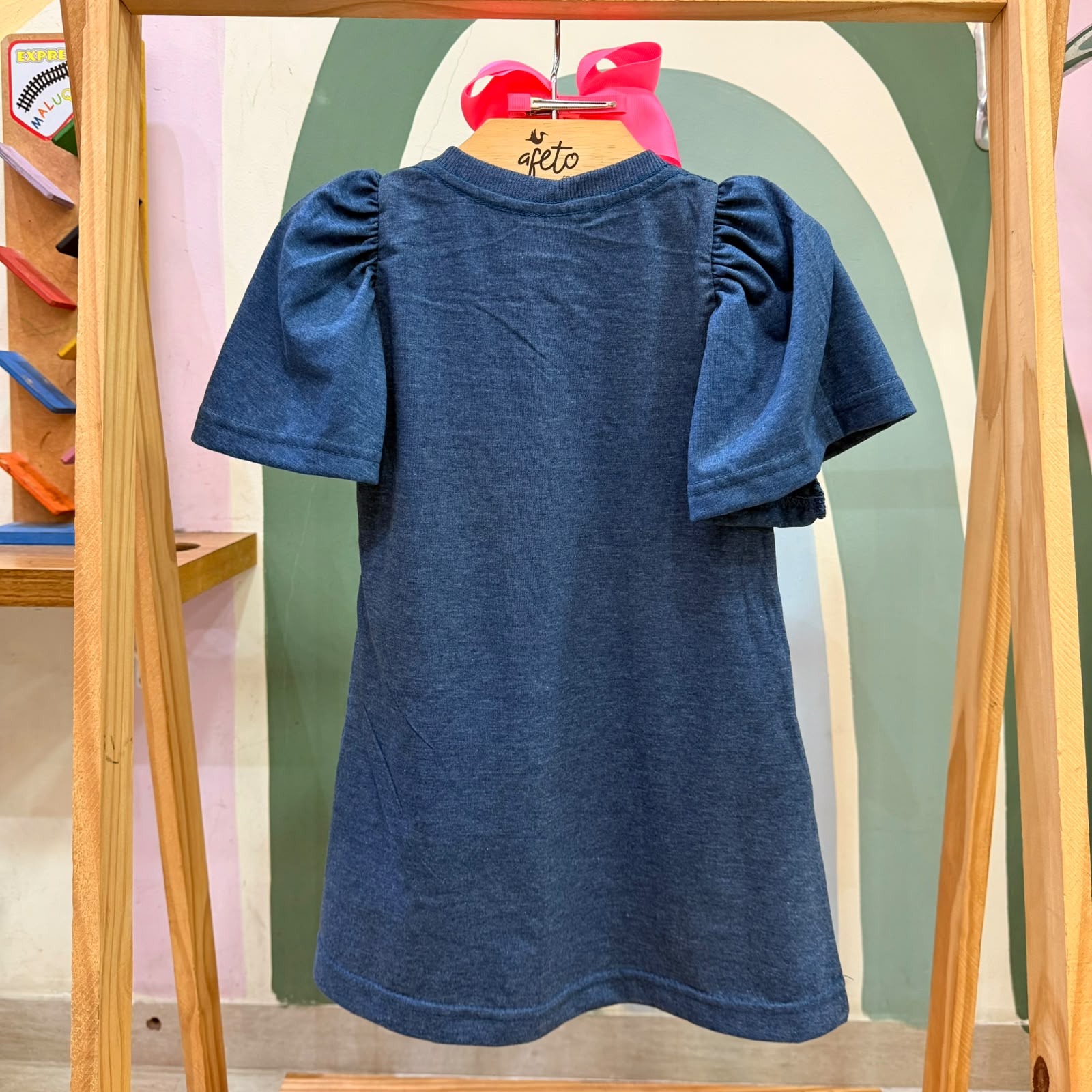 Vestido Infantil Menina Manga Frufru Minnie Tenista Azul Jeans