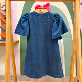 Vestido Infantil Menina Manga Frufru Minnie Tenista Azul Jeans