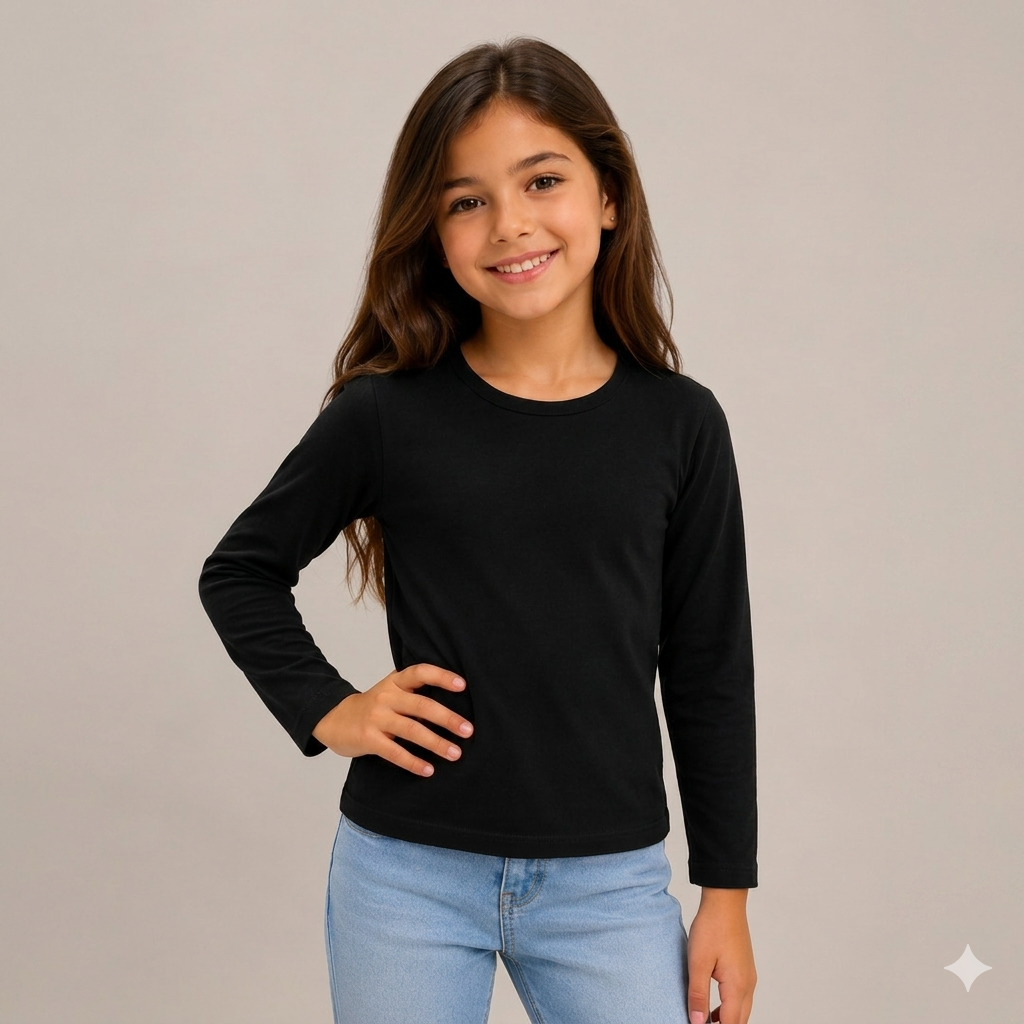 Blusa Infantil Menina Manga Longa Lisa Preta Fakini