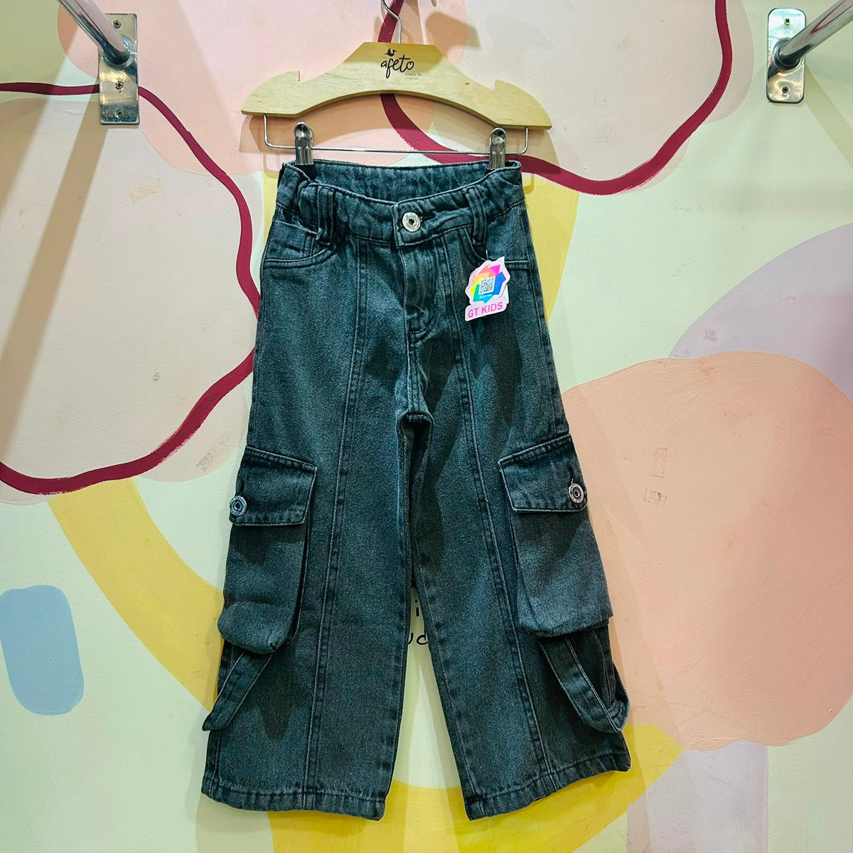 Calça Cargo Bolsos c/ Botao Wid Leg Infantil Menina Jeans Preto Estonado