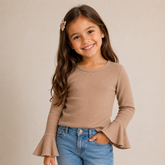 Blusa Feminina Infantil Canelada Menina Manga Longa Boca de Sino Marrom Nina