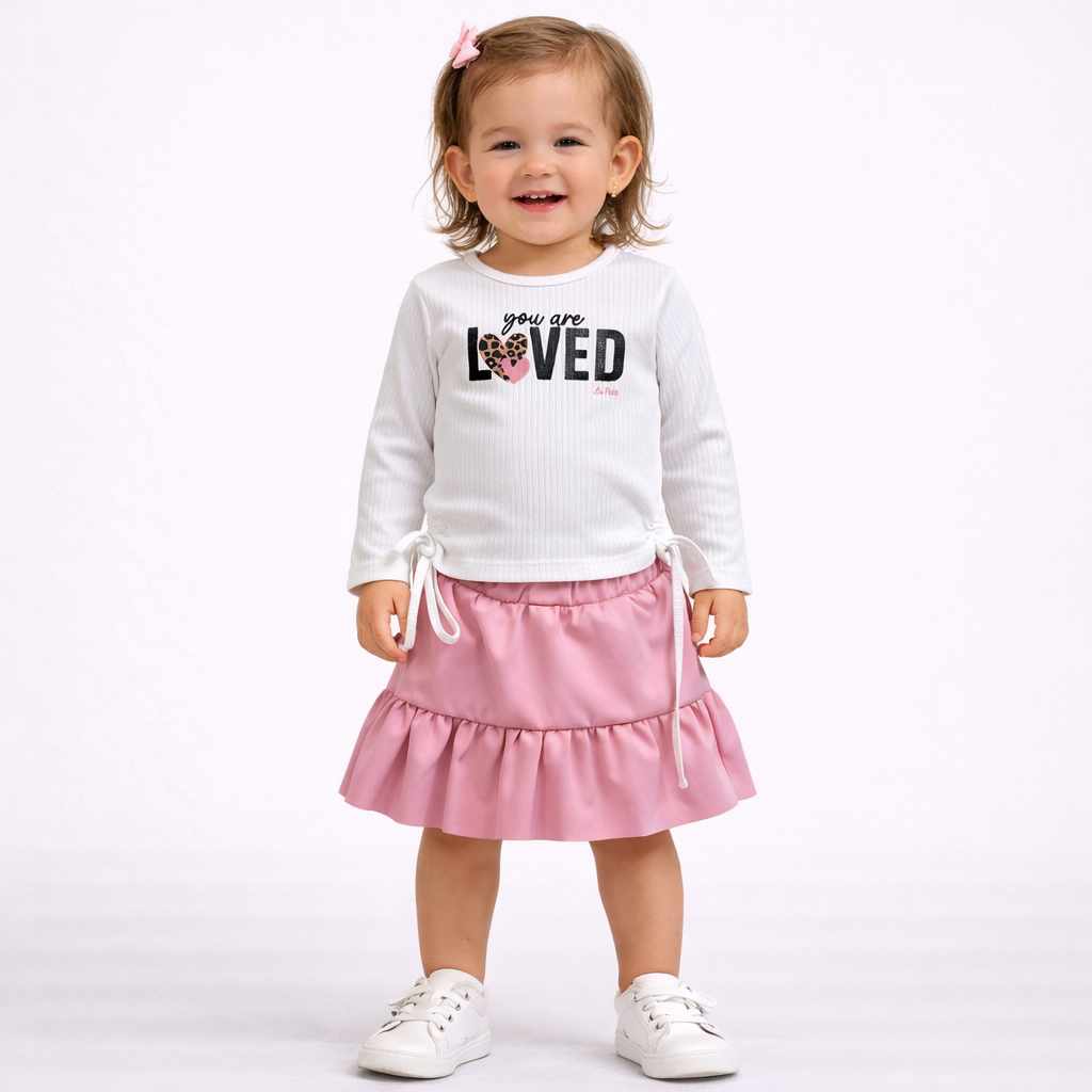 Conjunto Infantil Feminino Blusa Canelada Manga Longa Saia Courino Loved Branco Rosa
