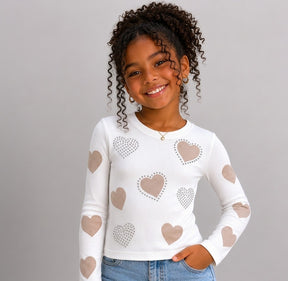 Blusa Feminina Infantil Canelada Corações Menina Manga Longa Off White Carol