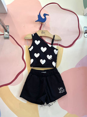 Conjunto regata shorts menina You+Me Ombro So Coracao Preto