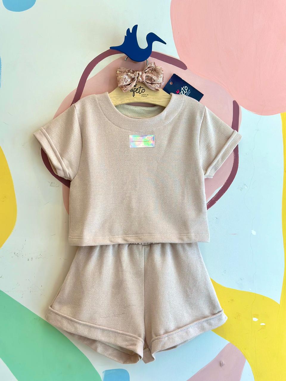 Conjunto Manga Curta Shorts Menina Anjo Lurex