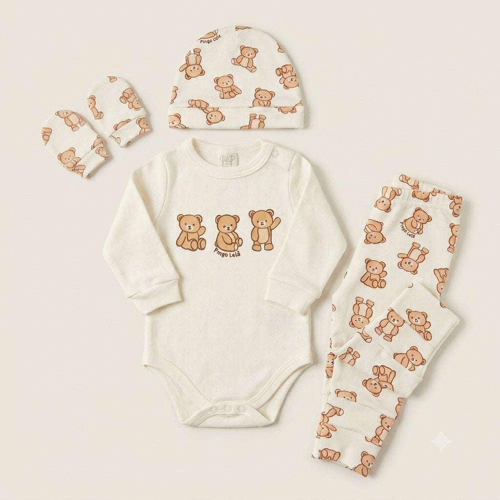Kit Presente Body Manga Longa Suedine Off White + Calça + Touca + Luvas Ursinho Pingo Lele