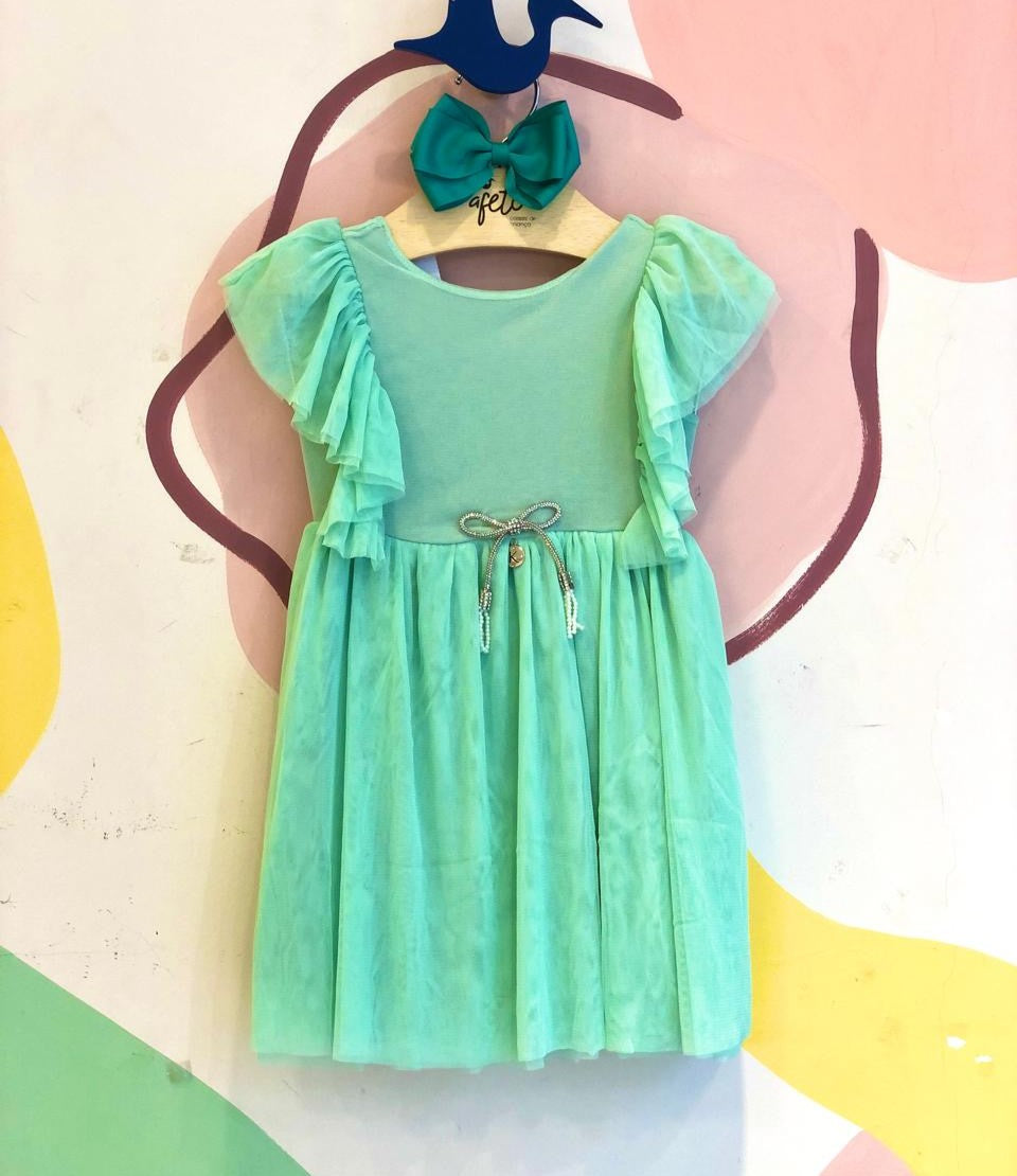 Vestido Manga Curta Kiki Xodo Menina Tule Verde