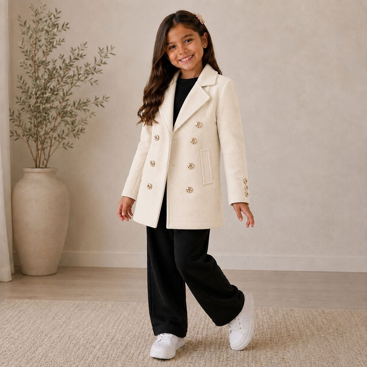 Casaco Sobretudo Feminino Lã Batida Infantil Menina Off White