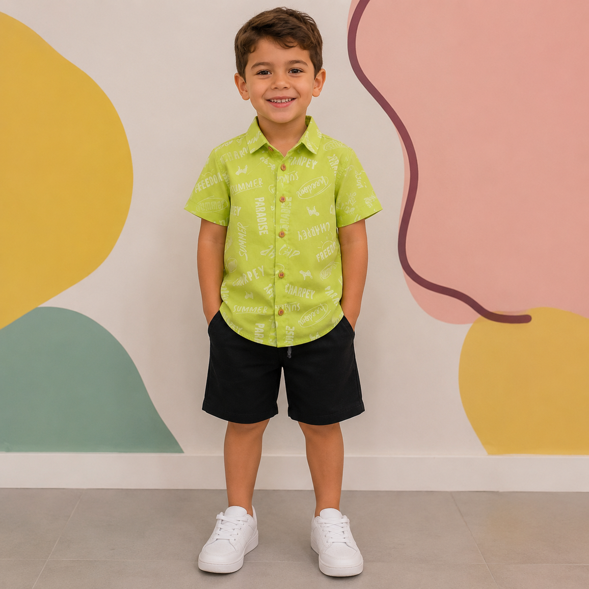 Camisa Manga Curta Charpey Infantil Menino Lettering Tricoline Verde Lima