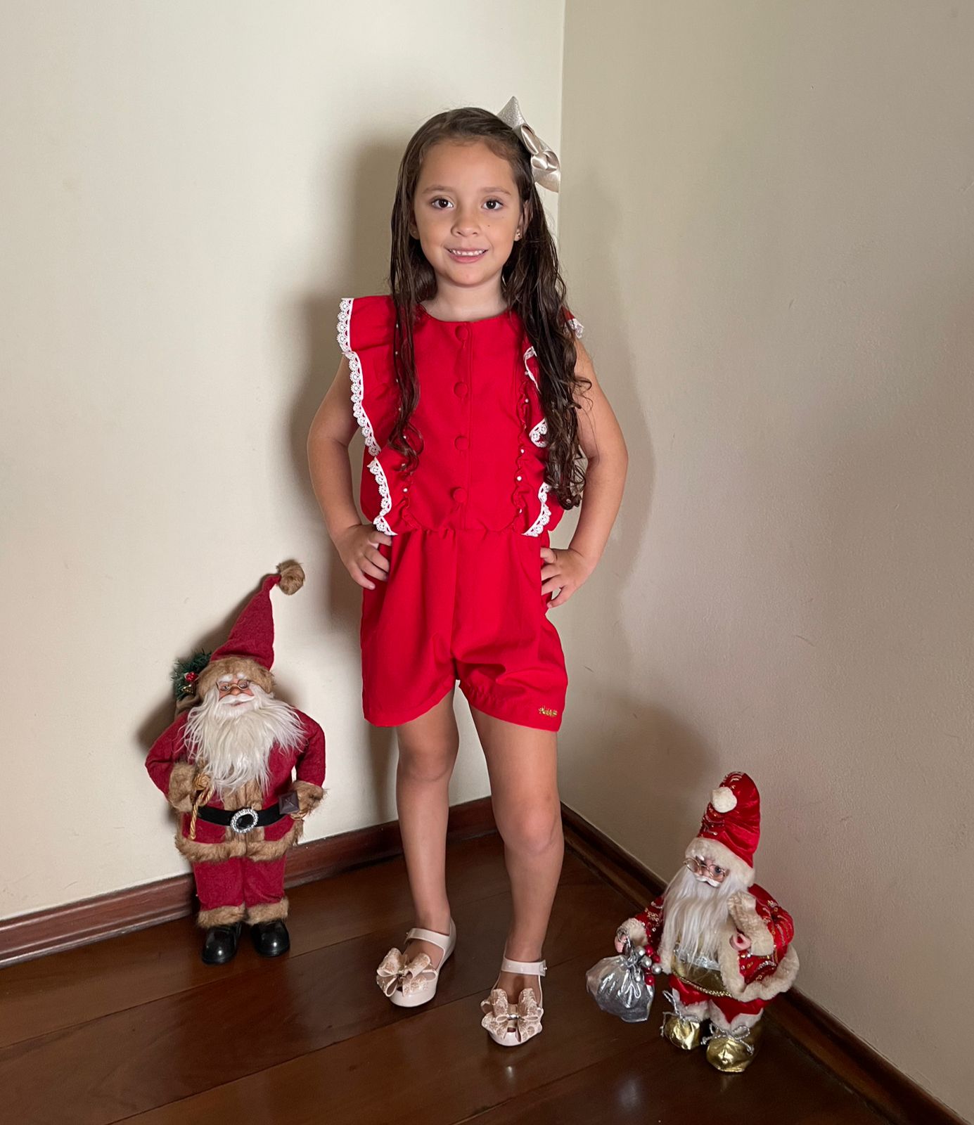 Macaquinho manga curta menina Ale Kids Babados Botoes Vermelho