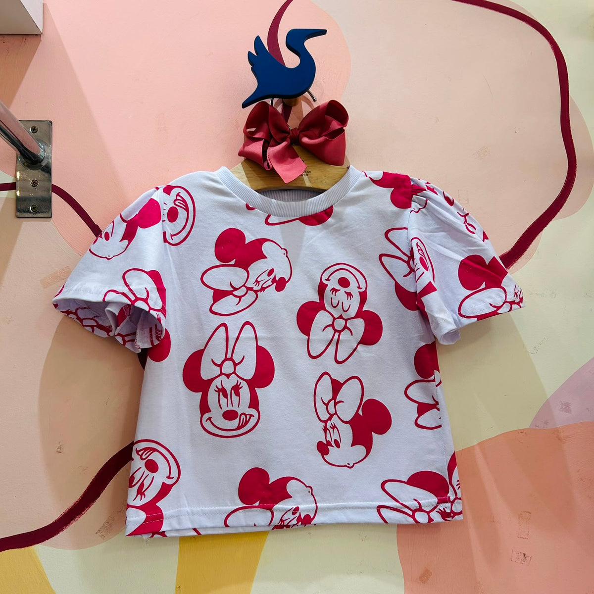 Blusa Infantil Menina Manga Curta Frufru Minnie Face Disney Branco Pink
