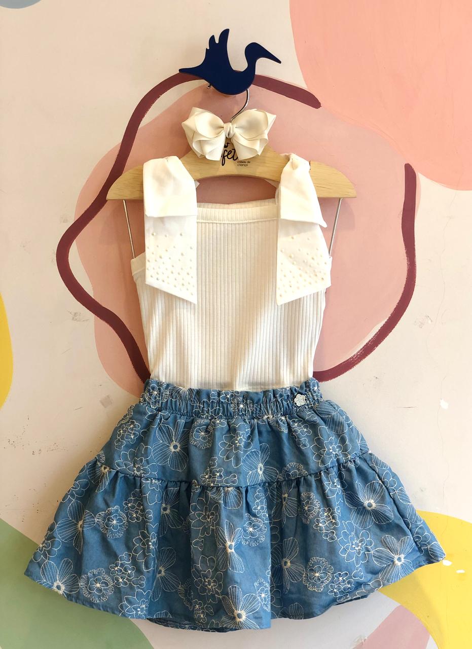 Conjunto Regata Saia Momi Menina Bordado Laços Branco