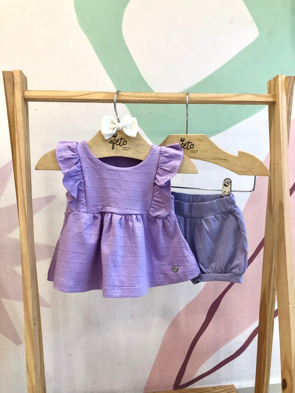 Conjunto manga curta shorts Hrradinhos menina Pipoquinha Lilas