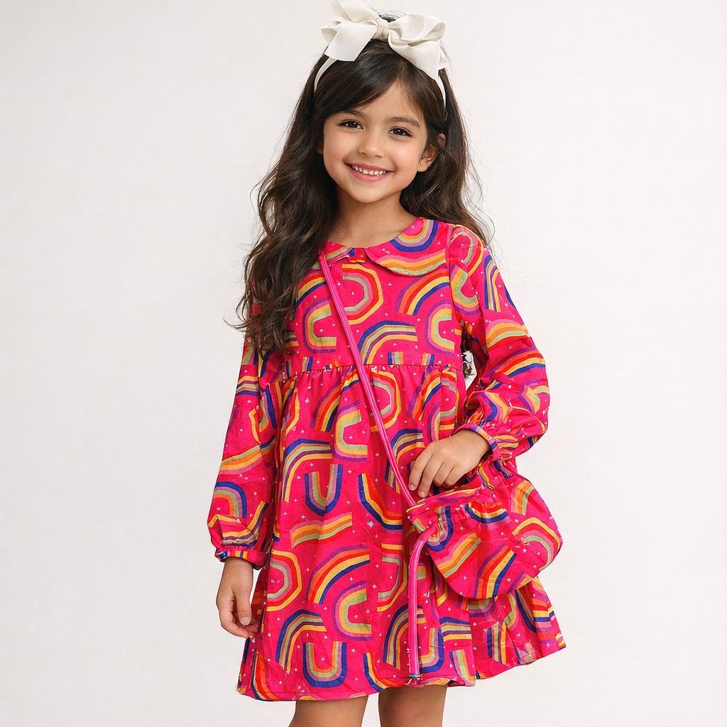 Vestido Manga Longa Menina Infantil Arco Iris com Bolsinha