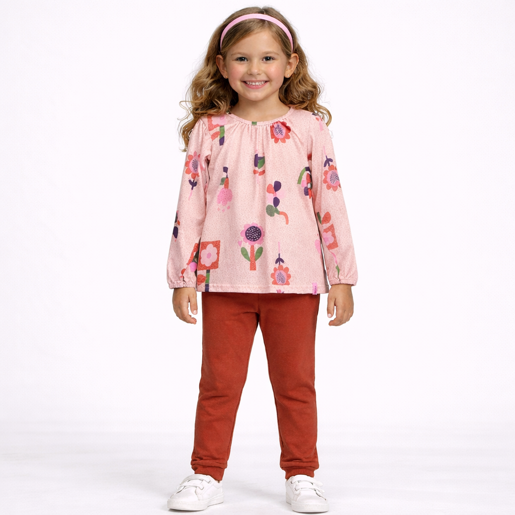 Conjunto Manga Longa Legging Menina Flores Poa
