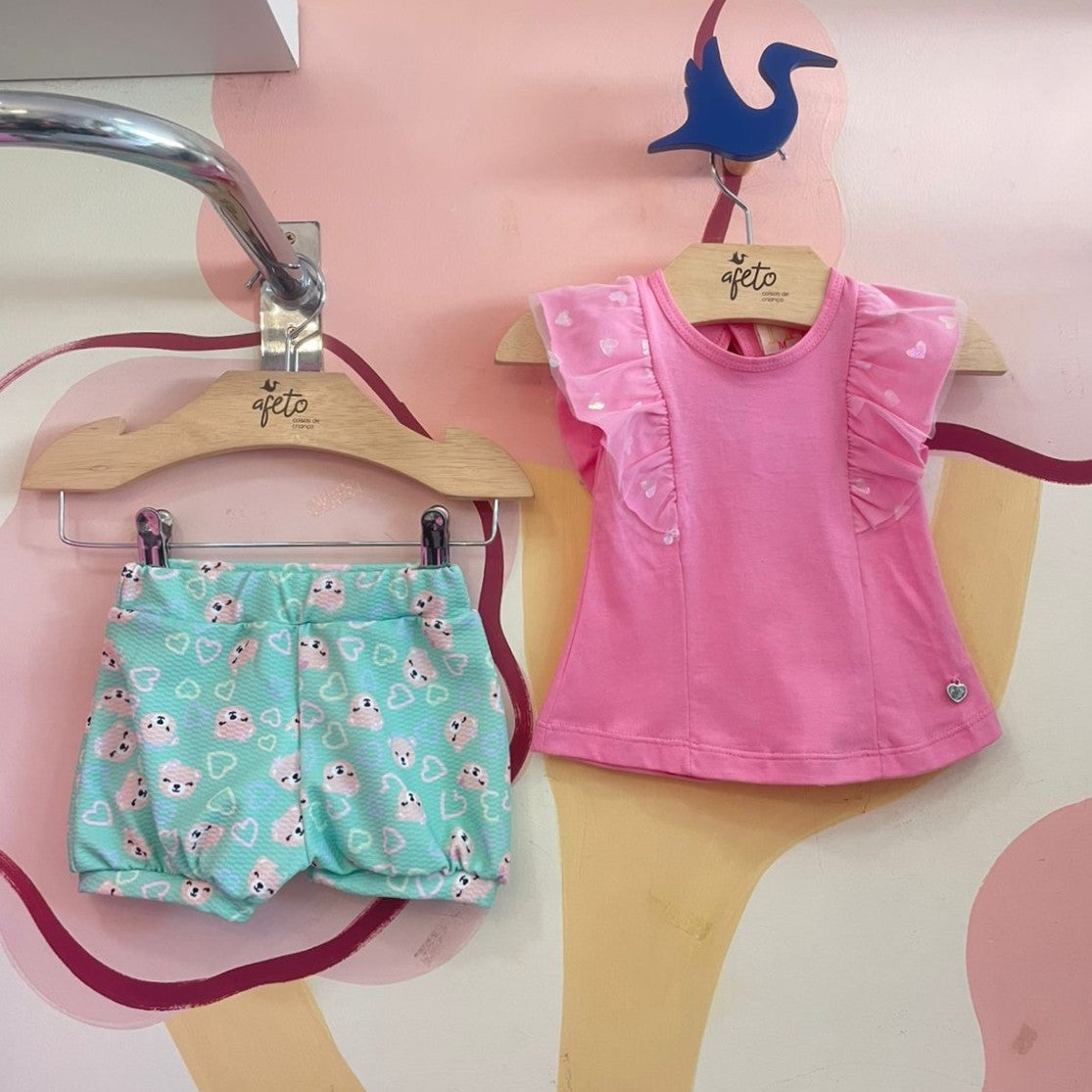 Conjunto Manga Curta Shorts Saia menina Ursinha