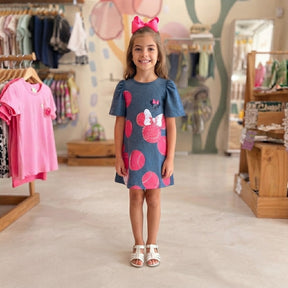 Vestido Infantil Menina Manga Frufru Minnie Tenista Azul Jeans