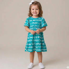Vestido manga curta menina Saude Paz Verde Branco