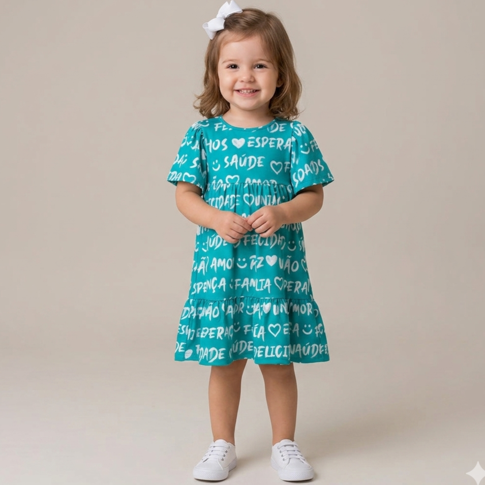 Vestido manga curta menina Saude Paz Verde Branco