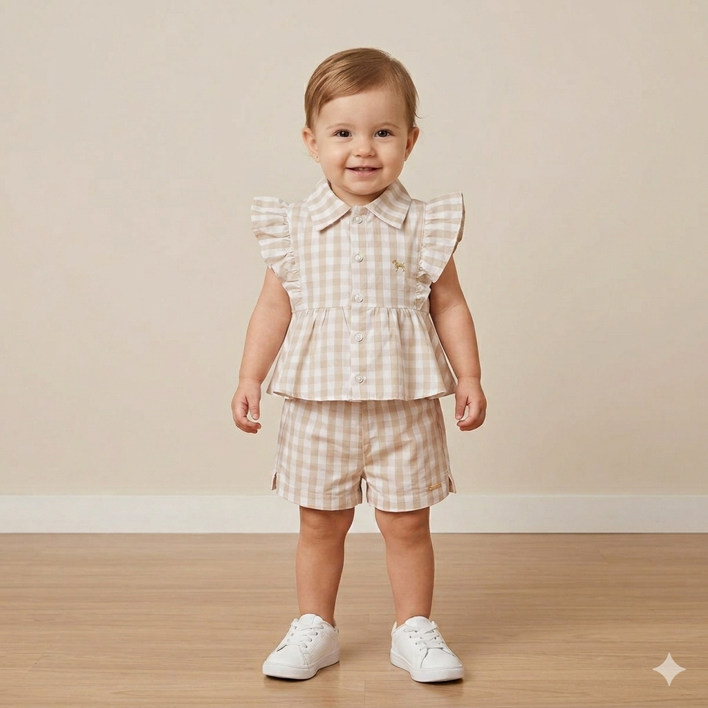 Conjunto Manga Curta Shorts Charpey Menina Tricoline Xadrez
