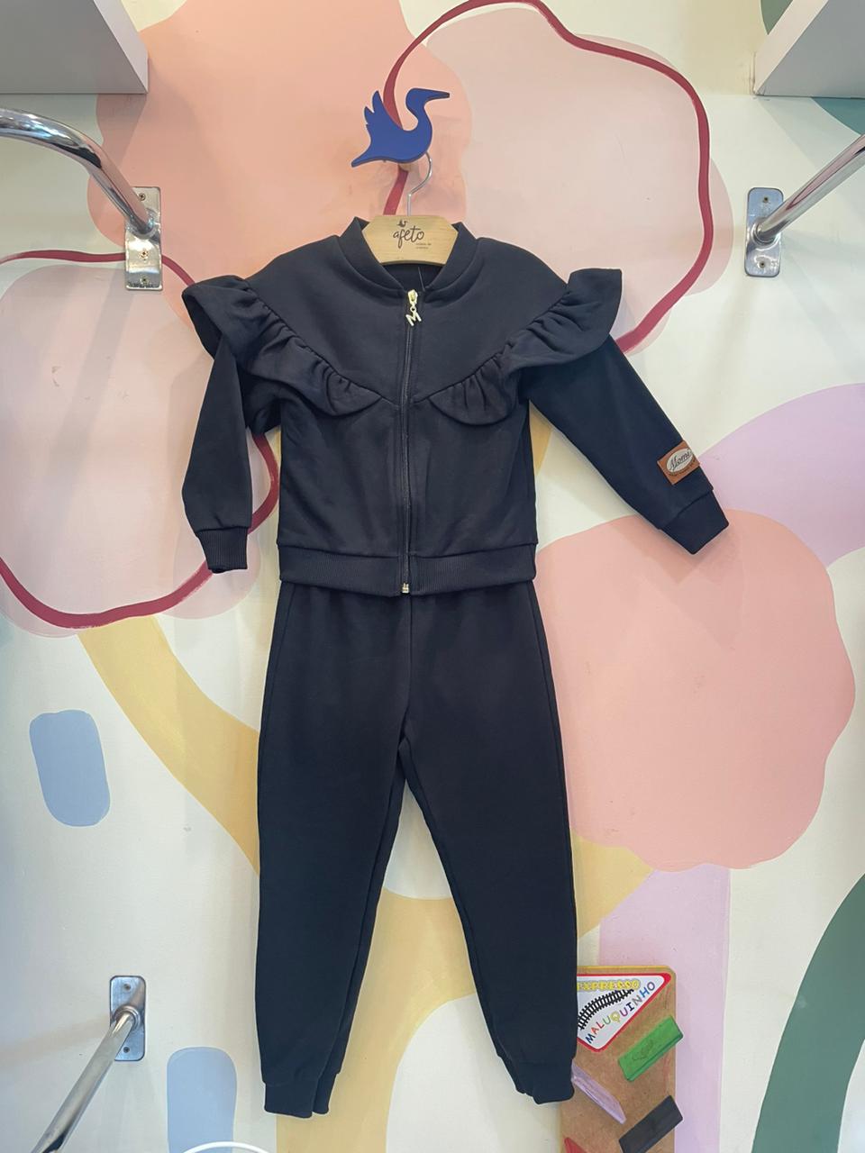 Conjunto manga longa Calça menina Momi Flanelado Babado Preto