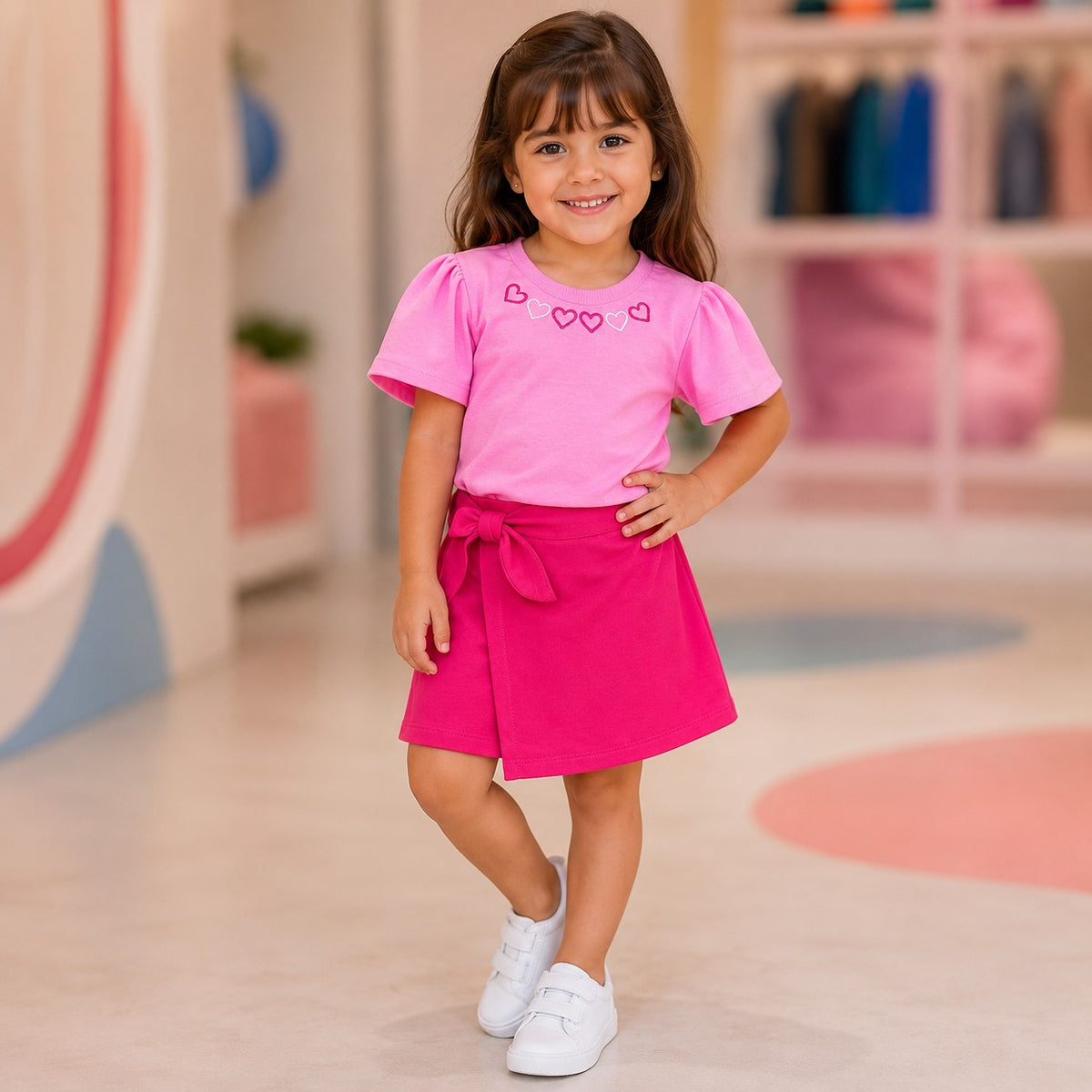 Conjunto Infantil Menina Shorts Blusa Coracao Rosa