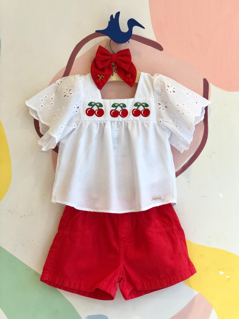 Conjunto manga curta Shorts menina Cerejinha Laise Vermelho Branco