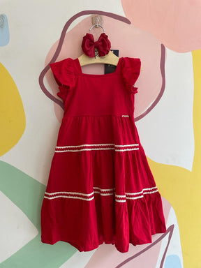Vestido Manga Curta Momi Infantil menina Midi 3 Marias com Detalhe Vermelho