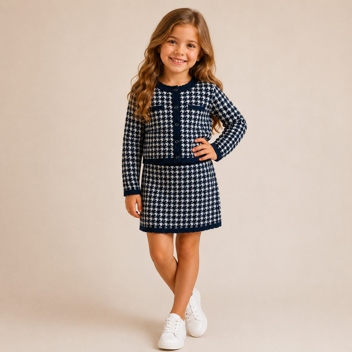 Conjunto Tricot Infantil Menina Casaco Saia Marinho Feminino Paty