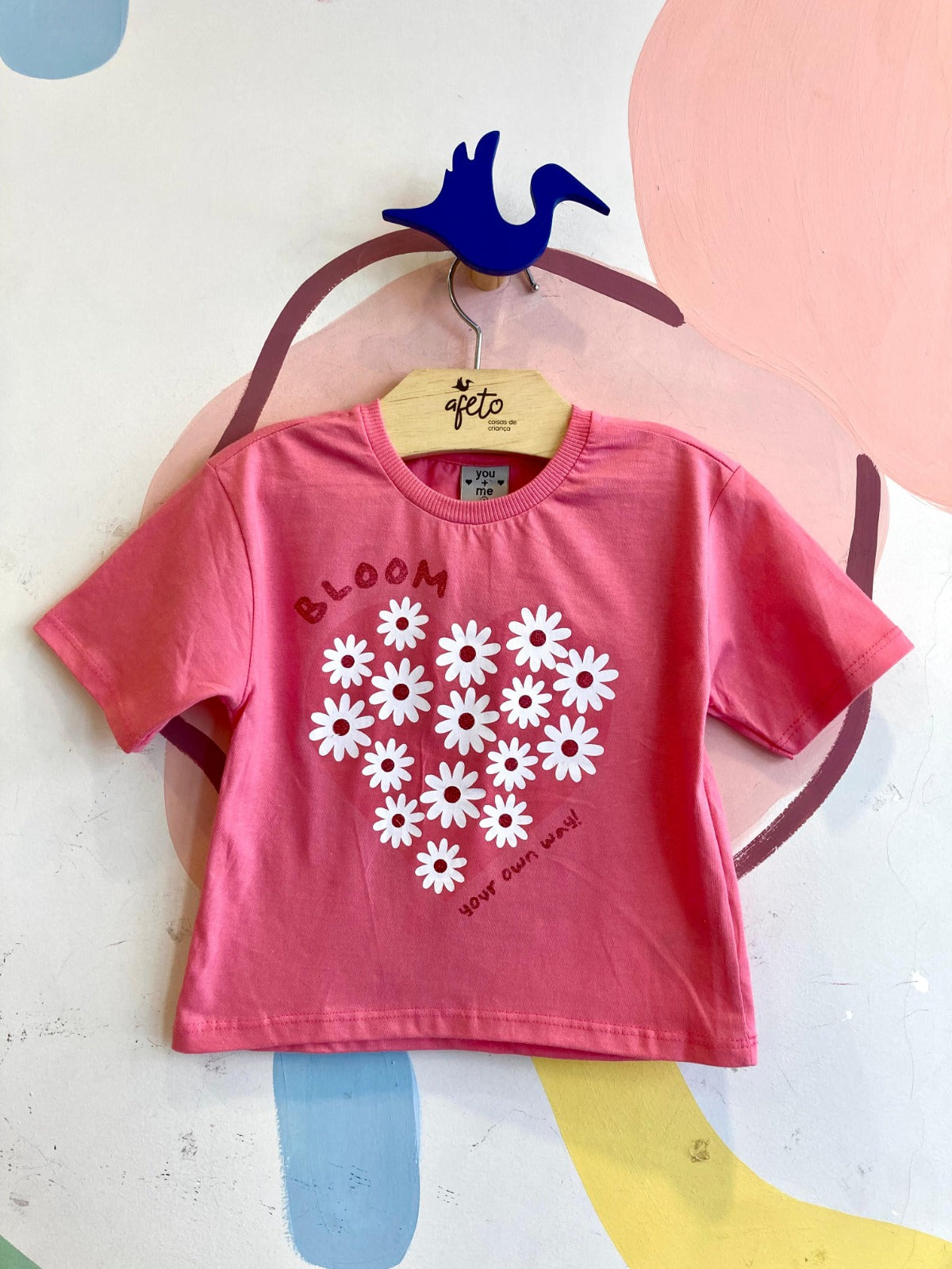 Blusa Manga Curta menina Coracao Flores Rosa