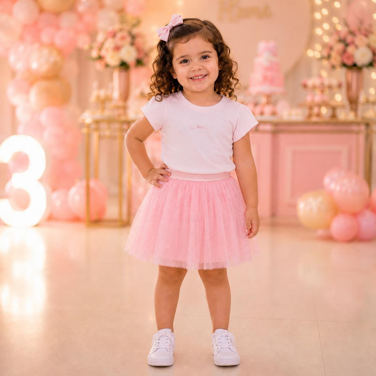 Conjunto Infantil Menina Manga Curta e Saia Tule Glitter Kiki Xodo