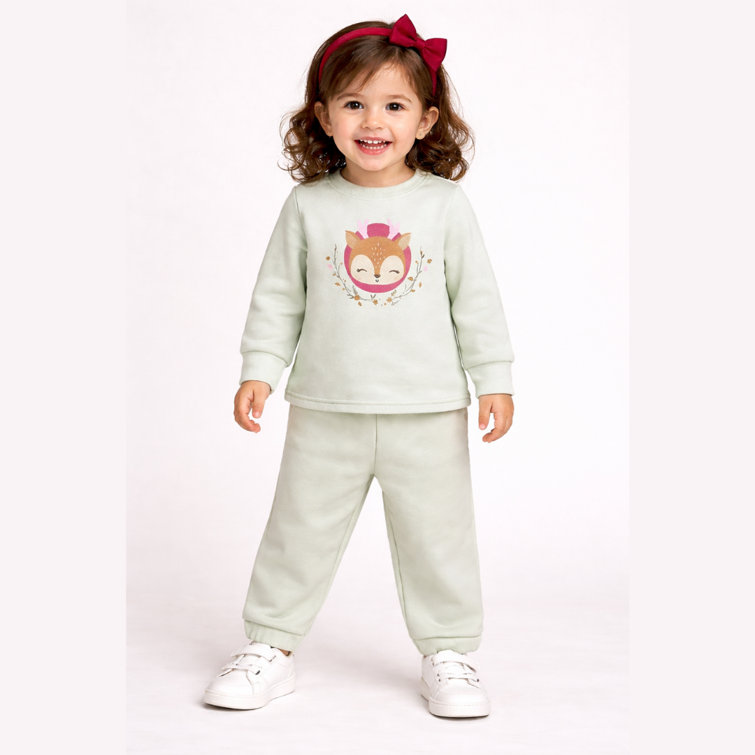 Conjunto Infantil Menina Manga Longa Flanelado com Calça de Punho em Algodão Rena Verde
