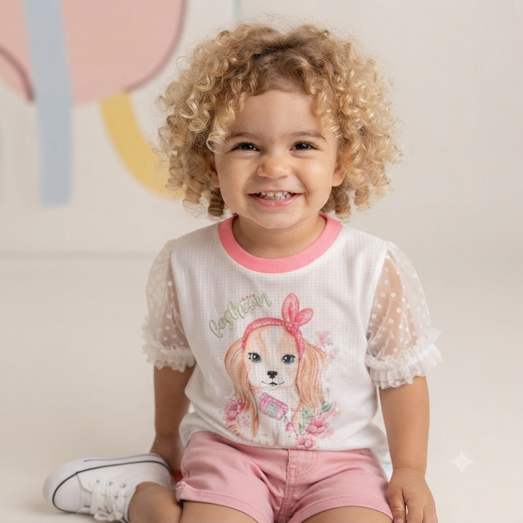 Blusa Manga Curta Kaiani Infantil menina Cachorrinha Manga Tule