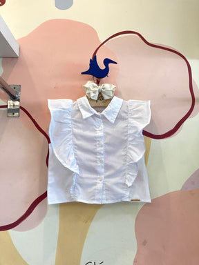 Camisa manga curta menina Tricoline Babado Branco