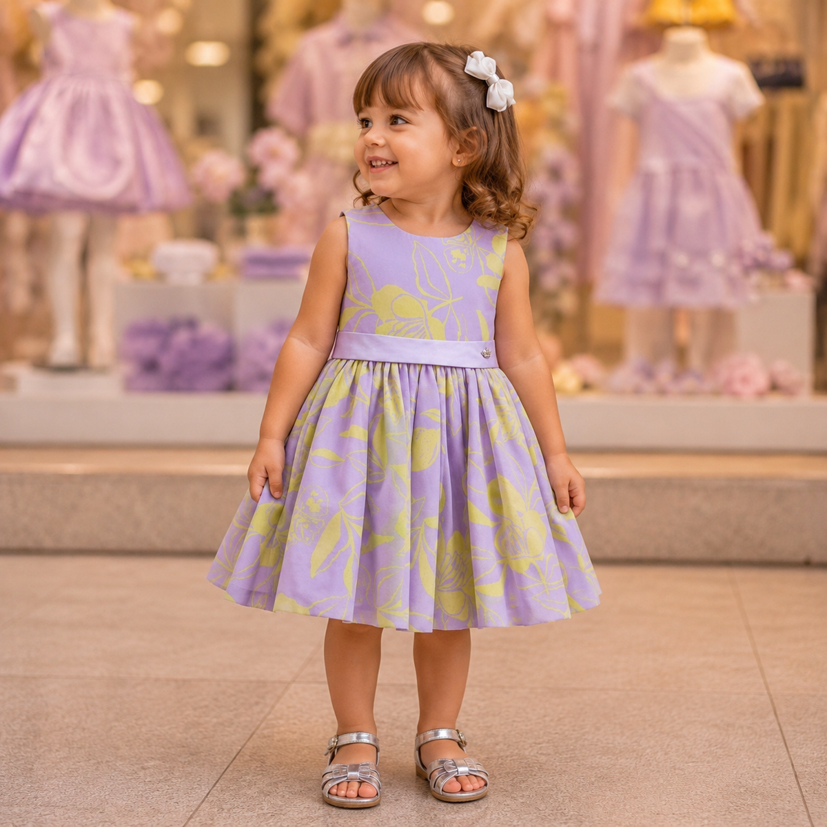 Vestido regata menina Tule Flores Roxo Verde