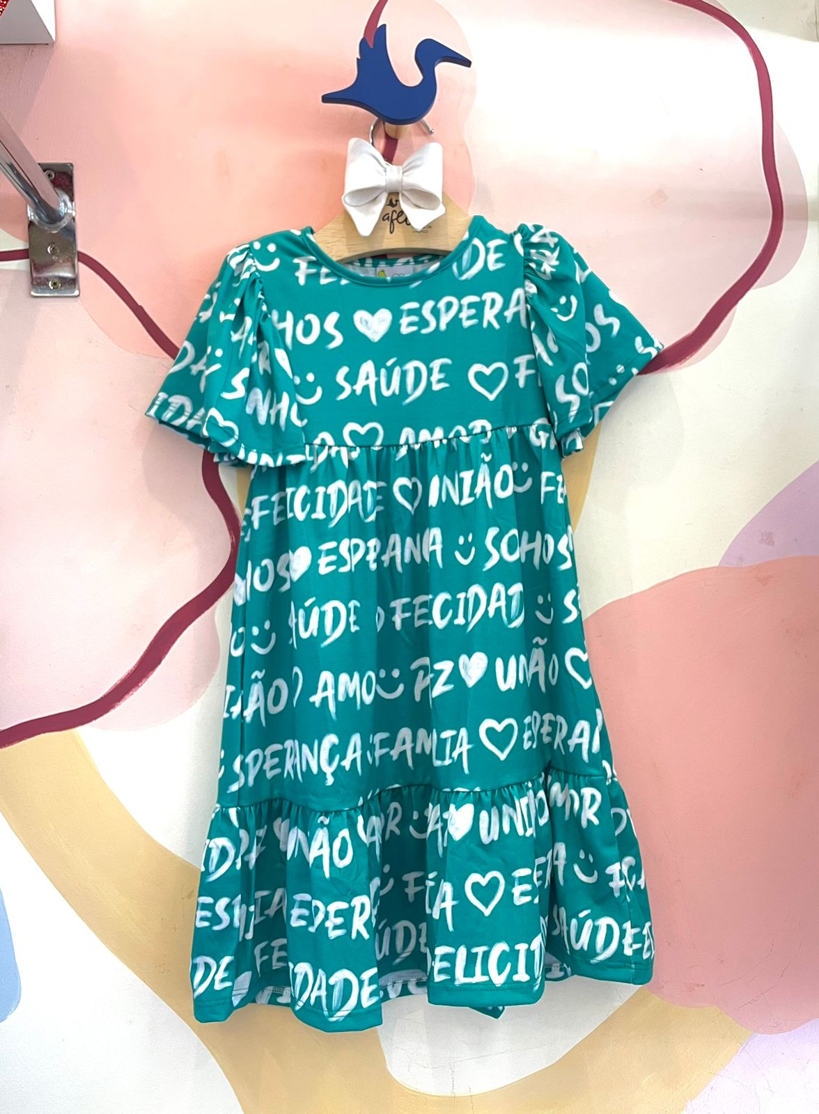 Vestido manga curta menina Saude Paz Verde Branco