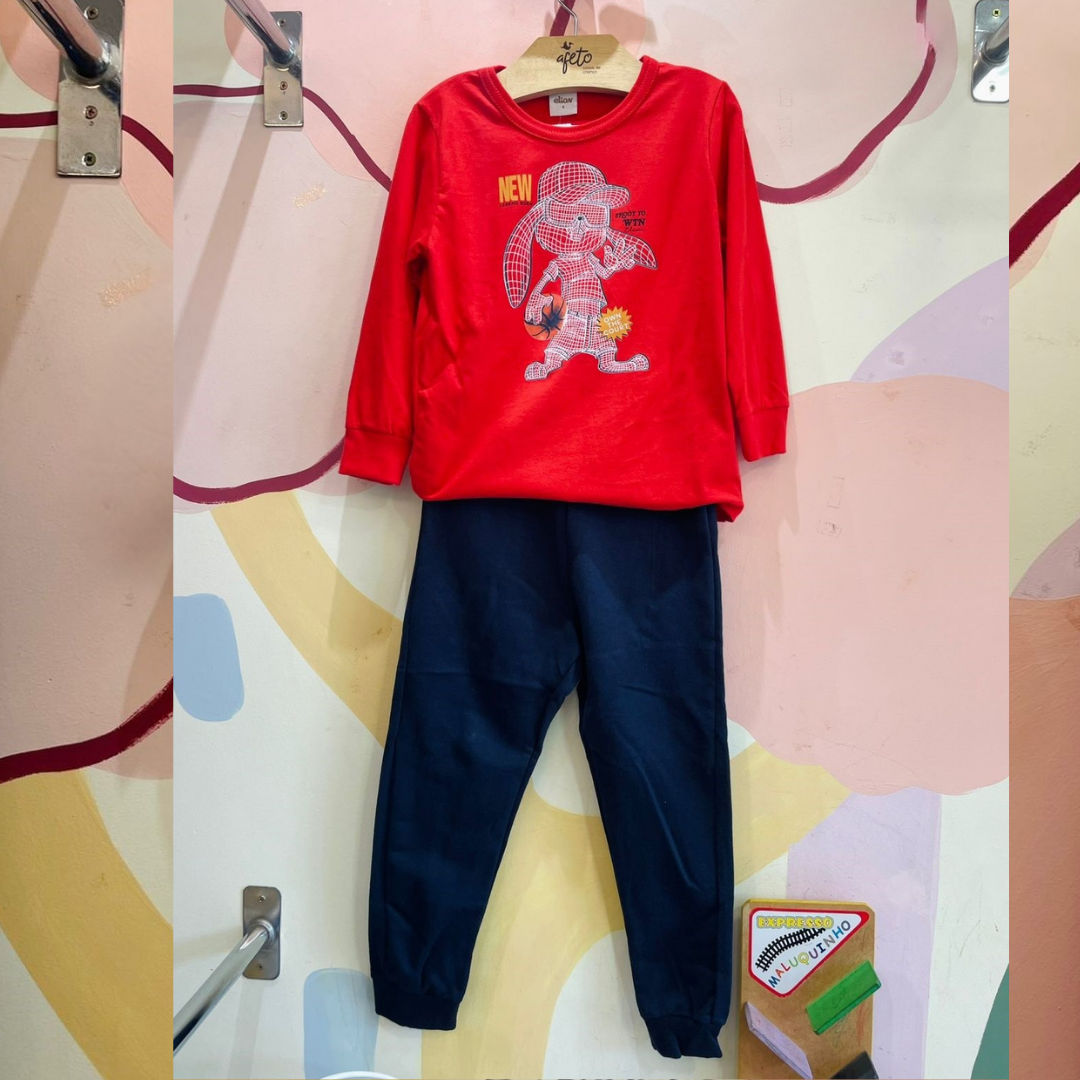 Conjunto Infantil Masculino Manga Longa Calça Moletinho Menino Coelho Basquete Vermelho Marinho